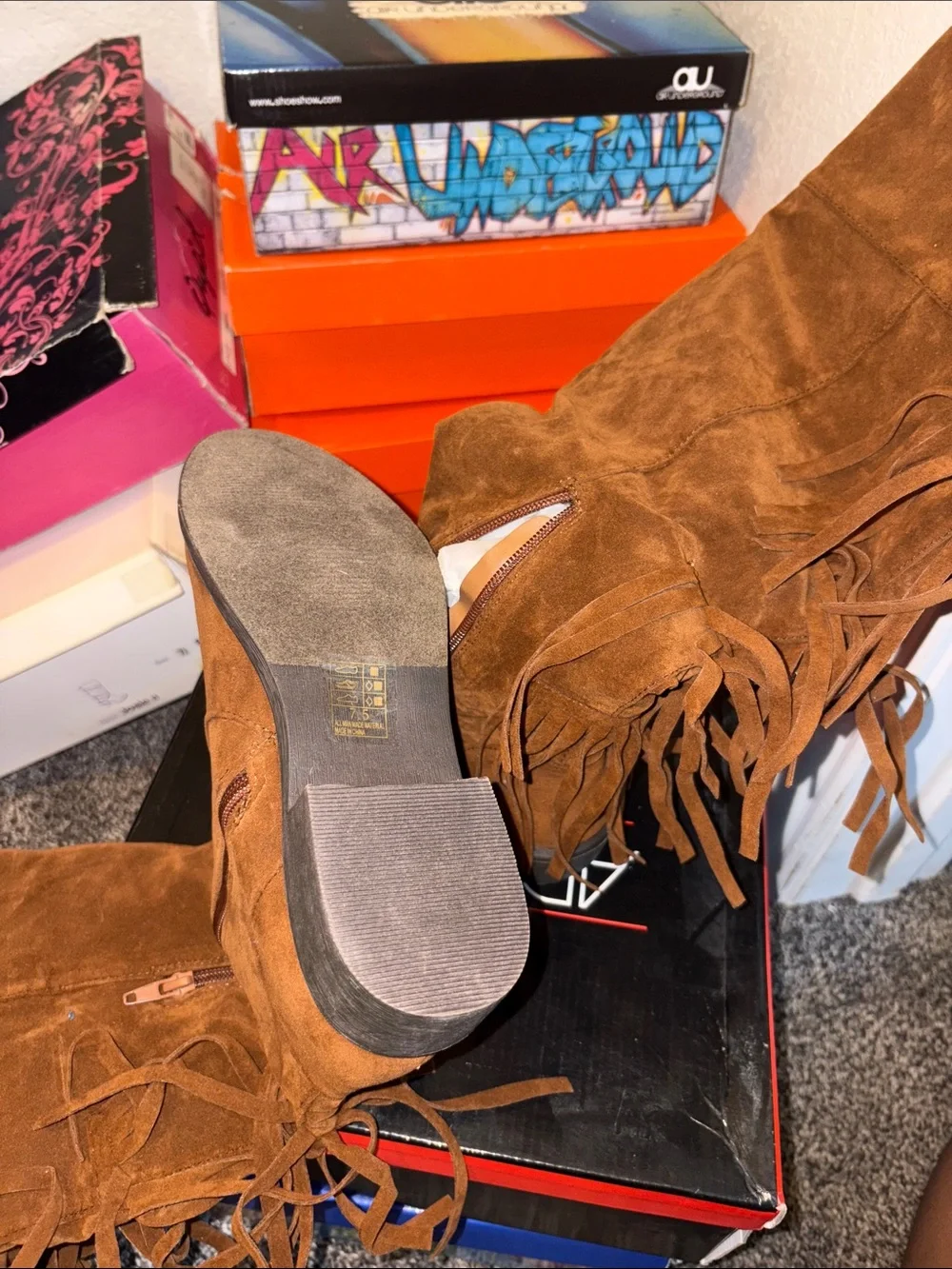 Fringe Over-the-Knee Suede Boots - Brown